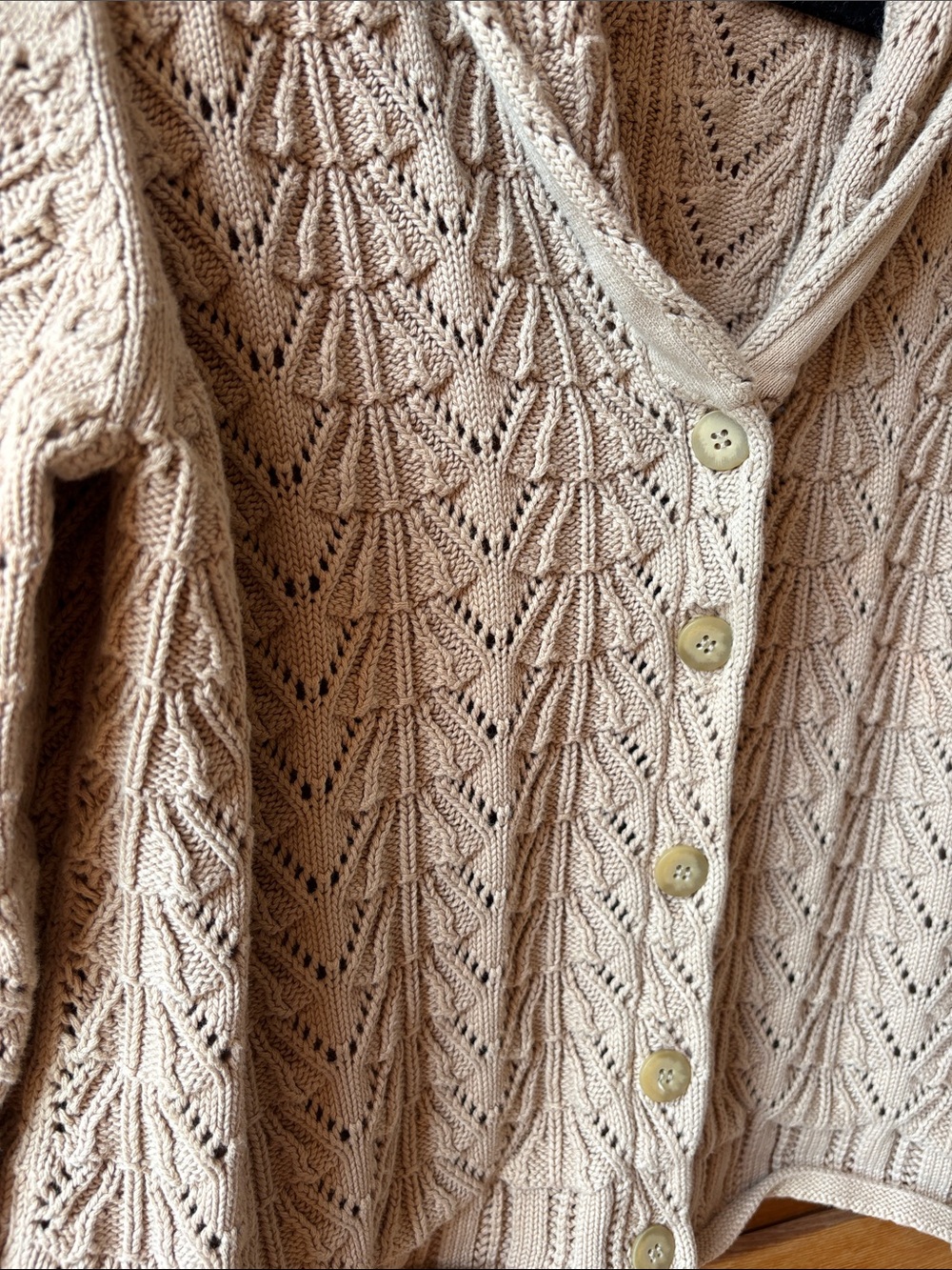 Charter Club Beige Openwork Knit Shawl-Collar Button Cardigan Petite Large - Picture 2 of 5